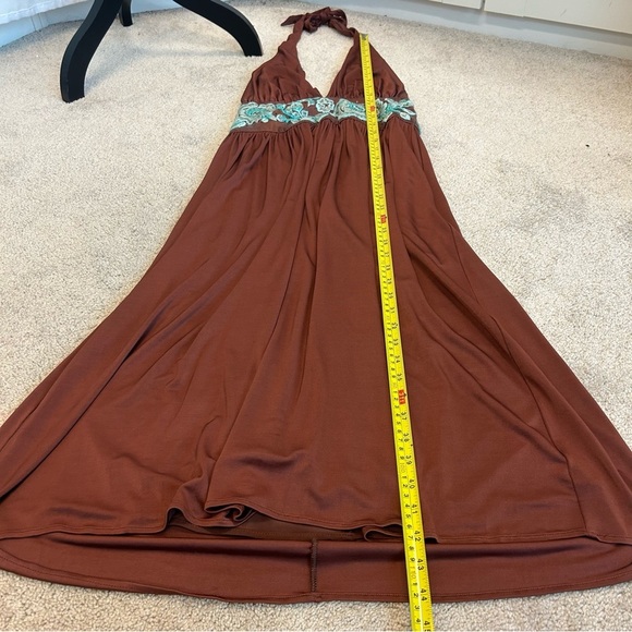 BCBGMAXAZRIA bronze brown teal embroidered beaded flower halter dress - Picture 13 of 16